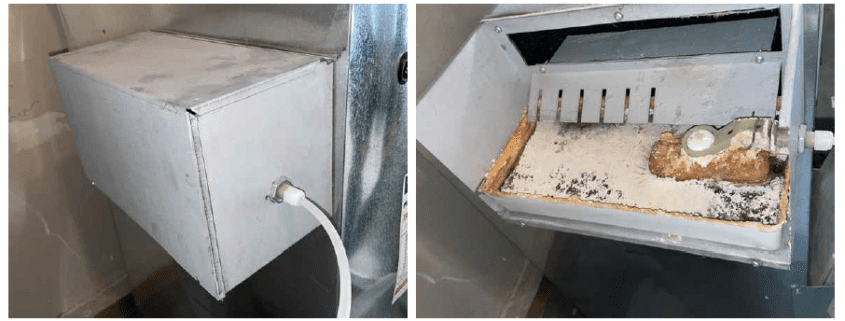 Exterior and interior view of pan-style central air humidifier